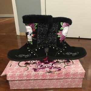 Gently Worn Black Ed Hardy Winter Boots